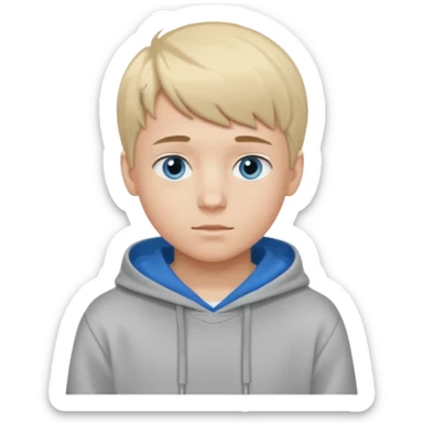 Teen boy with blue eyes and Grey hoodie standing up with blond short hair and short bangs sticker