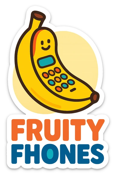 Fruity Fhones logo, a phone shaped as a banana, fun and inviting, for a kids' phone brand sticker