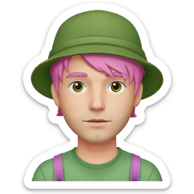 pink haired man with full full face green clay mask and a hat sticker