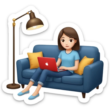 A girl is working with a laptop while lying on a sofa, with a floor lamp to the right. sticker