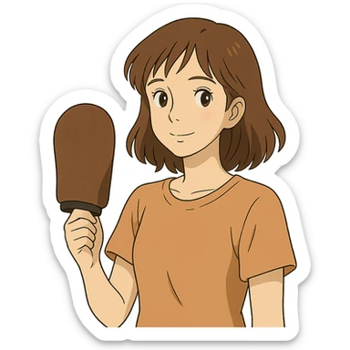 ghibli style pale skintone woman with brown hair holding a tanning mitt sticker