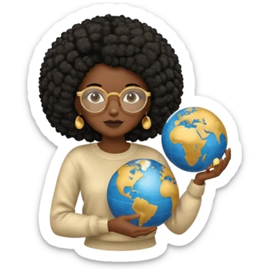a young woman wearing gold round glasses and black afro hair, she has medium-dark skin, she's wearing a sweater and she's holding a globe in her hand sticker