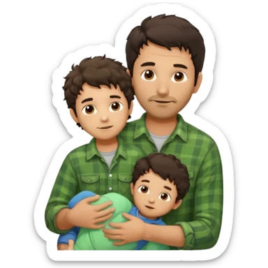 A father with messy medium-length dark hair and light stubble, wearing a green flannel shirt. He holds his one child who has short curly brown hair and a cream-colored romper. Cozy warm lighting, authentic family moment. sticker