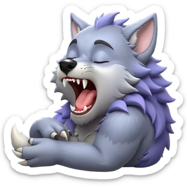 Cinematic Cute Yawning Werewolf Portrait Emoji, with a cuddly, miniature lupine form in soft moonlit grays and silvers, head leaning back in a big, adorable yawn that reveals a few fuzzy teeth, simplified yet irresistibly charming, highly detailed with a soft glowing outline that captures the drowsy, playful essence of a werewolf mid-nap! sticker