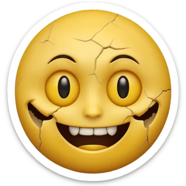 A horror-style emoji face, round yellow emoji shape, distorted facial expression, dark hollow eyes, creepy smile, cracked surface, unsettling mood, high detail, 3D render
 sticker