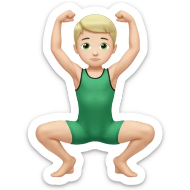 Little boy in a green sleeveless u-neck legless leotard flexing his arms and bending his knees sticker