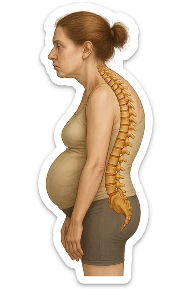 DONNA DI PROFILO CON LA POSTURA SBAGLIATA, SPINA DORSALE UMANA ANATOMICA REALISTICA IN EVIDENZA, LA PANCIA IN FUORI E LE SPALLE CHIUSE sticker