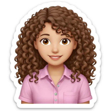 A Latina girl with brown eyes and long loose curly hair with curly bangs with a light pink shirt sticker