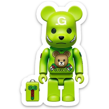 bearbrick with cube head in a lime green balaclava heavily tagged with multiple luxury and street brand logos, random placement like street graffiti, Supreme, Gucci, LV, Nike swooshes all mixed in wild street art style sticker