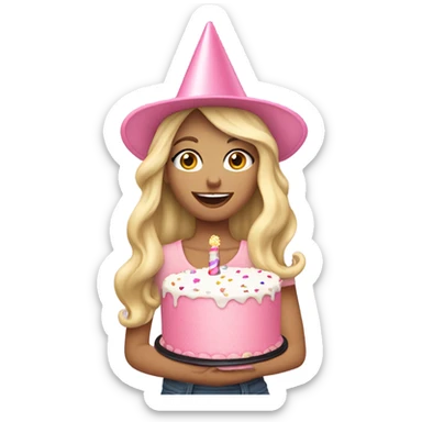 White woman, long hair, blonde hair, wavy hair, baby pink party cone hat, holding birthday cake sticker