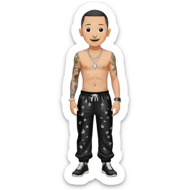 Chester Bennington with black sequin baggy pants, shirtless with necklace sticker