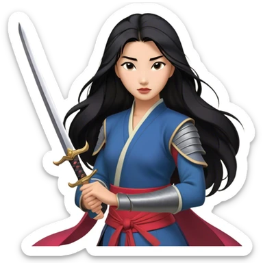 Cinematic Realistic Mulan Portrait, depicted with lifelike skin texture, soft natural lighting, and intricately detailed long black hair styled elegantly. Her deep, expressive eyes exude determination and grace, complemented by a serene yet confident expression. She stands with one hand resting on the hilt of her sword, the other by her side, exuding strength and poise. She is dressed in her classic attire, with rich fabric textures and delicate folds that catch the light beautifully. The portrait features a soft, enchanting glow with a natural, radiant finish, capturing the essence of timeless strength and beauty in a realistic and painterly style, evoking a sense of depth and authenticity. sticker