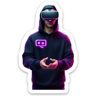 Russian man wearing a black hoodie with "OMG" letters on it and VR headset oculus quest 2 in a cyberpunk VR environment with violet neon lighting. Showing direction with hand sticker