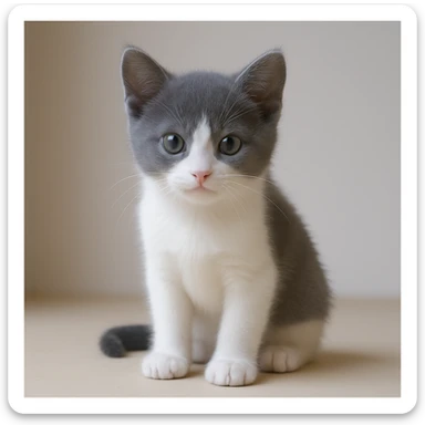 Make the cat look younger, like a kitten, with fur only gray on top and no stripes, white nose and underbelly, in a realistic and lifelike style. sticker