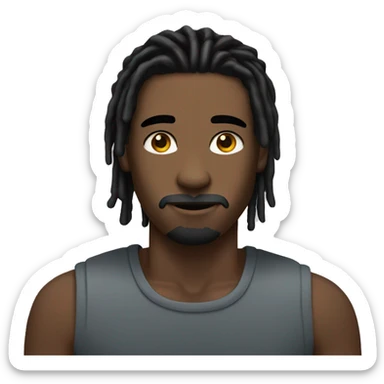 A young man with shoulder-length black dreads and thin moustache and brown skin sticker