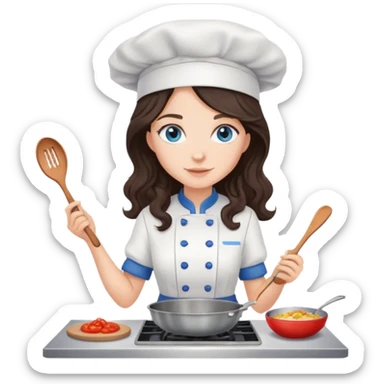 A girl with long, dark brown, wavy hair, grey-blue eyes. He cooks in the clothes of a cook sticker