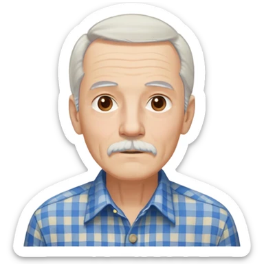 Thin elderly man with light skin. Elongated face with kind expression. Light brown eyes. Thin eyebrows. White goatee and white mustache. Very long, straight fine gray-white hair that reaches shoulders, with some bangs. Slim build. Wearing a blue and beige checkered button-up shirt. sticker