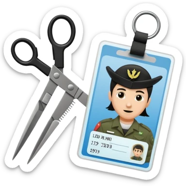 Floating black Scissors cutting in half an idf soldier ID card with a little chip in 2 parts sticker
