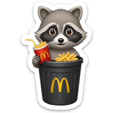 A cute raccoon eating McDonald's over a trash can sticker