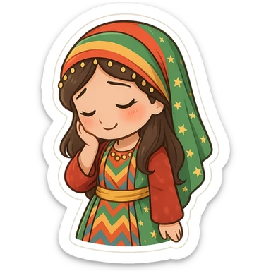 Cartoon sticker of a Kurdish woman wearing traditional colorful and cheerful Kurdish female clothing, face showing a shy expression, one hand on the cheek, head slightly down, no shadow or color halo around the image, no text, suitable for WhatsApp and Instagram, with a completely transparent background. sticker