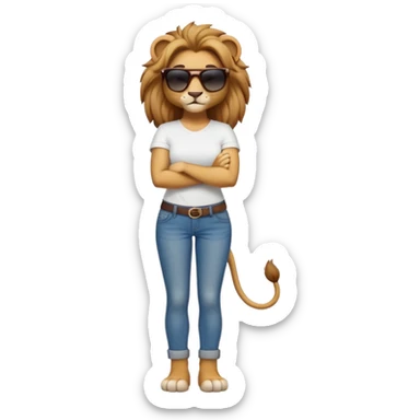 friendly anthropomorphised female lion character, full body, standing confidently with legs shoulder width apart and arms folded, wearing jeans, a white t-shirt, and dark sunglasses, with a confident smile sticker