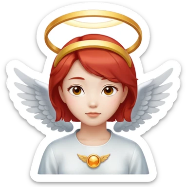 Asian angel girl with short red hair, oval face, and halo sticker