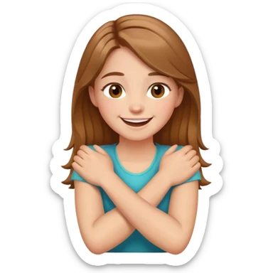 Arms crossed holding neck laughing light brown haired girl with hazel eyes  sticker