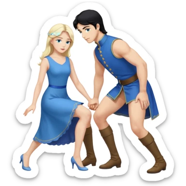prince, upright, black Hair, blue eyes, blue garment,  Woman, blonde Hair, Green eyes, bending knee, sleveless, white Dress, sticker