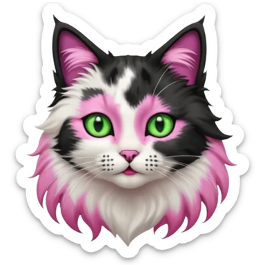 black and white long hair cat. green eyes. black nose and pink lips. black splotch in the shape of a star near nose (on the right side) sticker