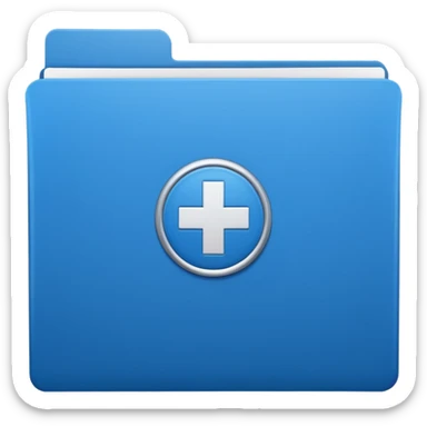 A simple emoji-style icon of a blue multipocket folder, clean and minimal, with layered inner tabs, subtle shading, and a small health/medical documents symbol on the front sticker