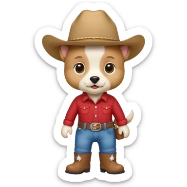 Steampunk a very cute and adorable anthropomorphic puppy with a cowboy hat ,red shirt and blue jeans and white boots is walking  sticker