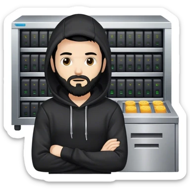 hackeur blanc cheveux noir barbe et capuche noir à côté d'un server sticker