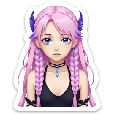 Gorgeous beautiful pretty grumpy anime lady long-pale-whitish-pastel-pink-hair with one braid on each side, hanging gradient-purple-pink feather-ear-cuffs on each side in hair, black bodysuit covering neck, blue eyes, pink iris, ethereal, fashion aesthetic  sticker
