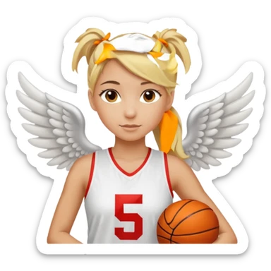 blonde girl with ponytail and white basketball jersey with number 5 and wings  sticker