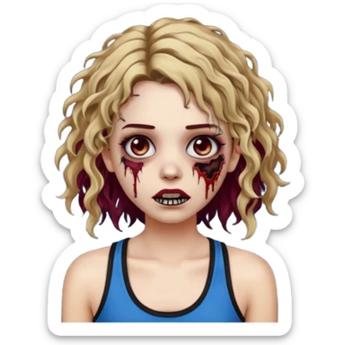 Crie um emoji de uma garota zumbi, como esta: "🧟‍♀️'. Porém invés da camiseta, uma regata fina e de cor preta, os cabelos loiros escuros na altura do ombro e picotado, liso na raiz e cacheado nas pontas, com mechas azuis na frente e a parte de trás pintada de vermelho vinho sticker