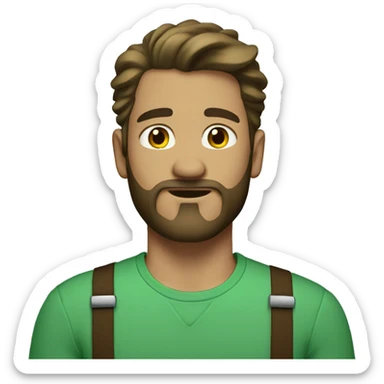 man with light skin and brown long hair and beard in green shirt and suspenders sticker