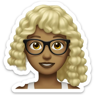 a girl with black glasses (square-shaped), green eyes, light skin and curly dark-blonde long hair with bang sticker