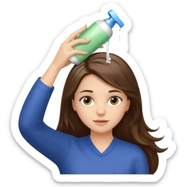 white long brunette hair girl with hazel eyes putting shampoo in sticker