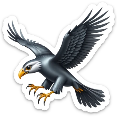 Emoji-style icon of a large metallic predatory bird flying, sharp wings, steel texture, dramatic pose, dark background sticker