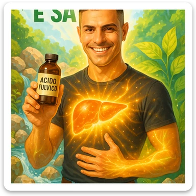 Create a vertical 9:16 wellness semi-realistic style image of a man with the face from the reference image. He is holding a bottle labeled 'acido fulvico'. Show luminous energy on the liver and skin. The environment is natural and bright with elements of wellness like water and minerals. Include Italian text. sticker