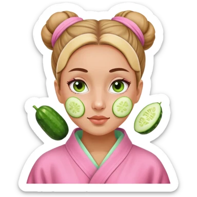 Girl with a bun and a pink robe with a green skincare mask on and cucumbers on her eyes sticker
