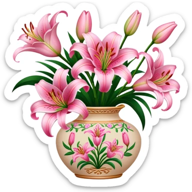 Pink lilies in embroided vase sticker