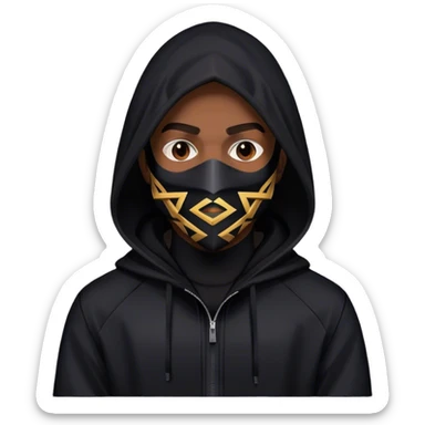 man with black hooded jacket and a full-black full-face geometric mask sticker