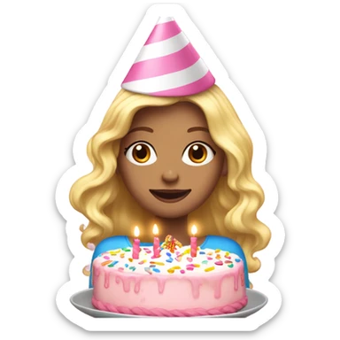 White woman, long hair, blonde hair, wavy hair, baby pink party hat, holding birthday cake sticker