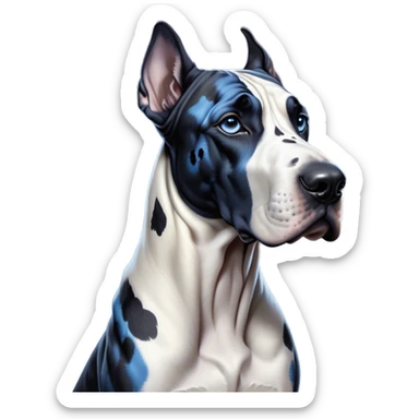 Cinematic Noble Harlequin Great Dane Portrait Emoji, Poised and regal, with a towering, muscular build and a striking coat of predominantly white with bold black patches, deep-set soulful blue eyes, Simplified yet sharp and sophisticated features, highly detailed, glowing with a soft, dignified glow, high shine, intelligent and loyal, stylized with an air of majesty, focused and attentive, soft glowing outline, capturing the essence of a watchful and confident guardian, so majestic it feels as though it could stride out of the screen with effortless authority! sticker