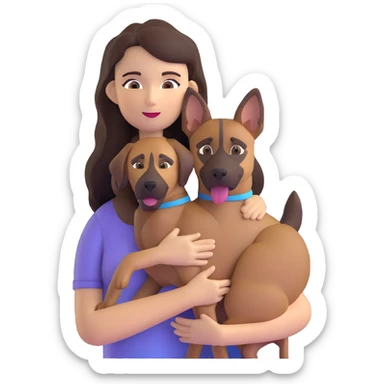 woman with long dark brown hair holding a Malinois dog in her arms sticker
