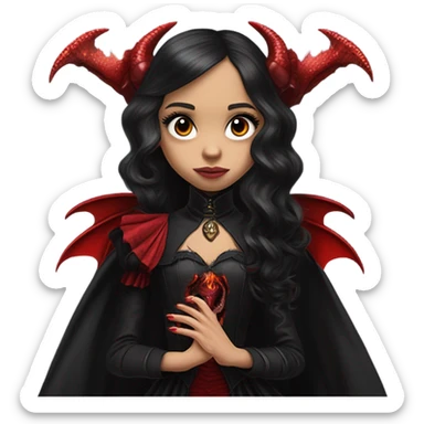 surprised Lavish Victorian black evening gown with see-through gloves, Jenna Ortega as Addams girl Jedi wearing a steampunk mini tiara, very large blood red evil-looking horned dragon sticker