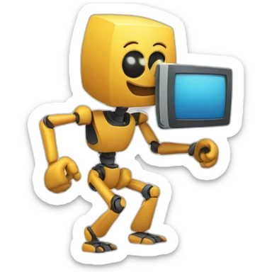 Anthropomorphic computer with a face, arms and legs doing something random sticker