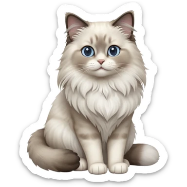 cinematic-[Ragdoll cat]-realistic-full-body-sitting-emoji,-tail-curled-playfully-around-its-paws,-head-tilted-dramatically,-fluffy-[grey ragdoll cat]-fur,-simplified-yet-realistic-focused-features,-highly-detailed,-glowing-with-an-almost-sarcastic-glow sticker