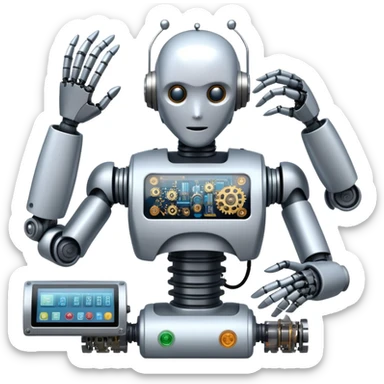 An icon featuring a humanoid robot assembling parts with robotic arms, surrounded by gears, circuit boards, and sensors, symbolizing robotics. The design includes a control panel and AI interface, representing automation, engineering, and innovation. Transparent background. sticker